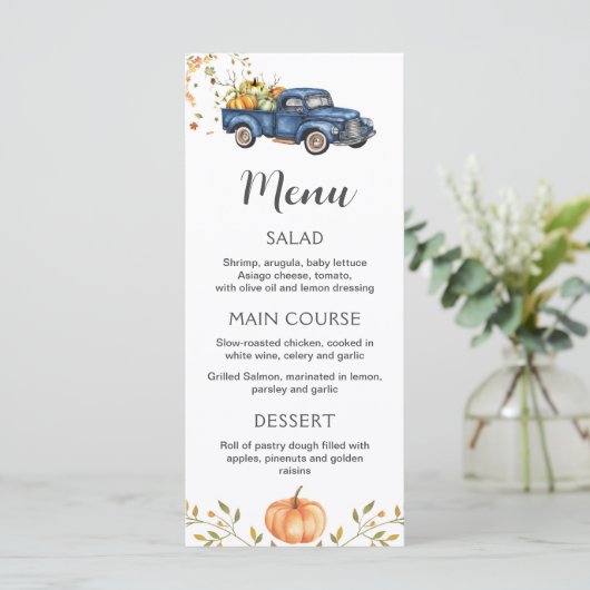 Menu Camion bleu, menu imprimable citrouille modif (Debout devant)