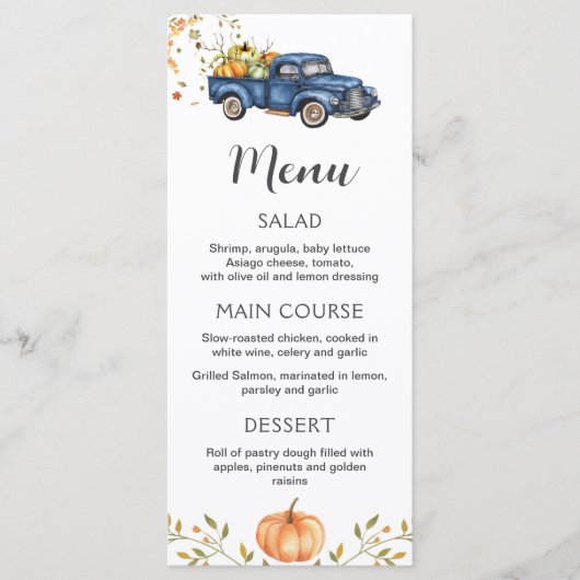 Menu Camion bleu, menu imprimable citrouille modif (Devant)