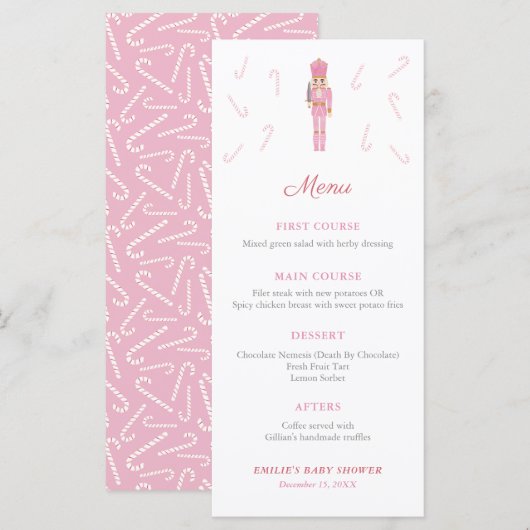 Menu Cannes de bonbon Casse-Noisette roses Fête de bébé (Devant / Derrière)