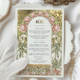 Menu Card Pioenrozen Goud Art Nouveau Mucha Folie Uitnodiging