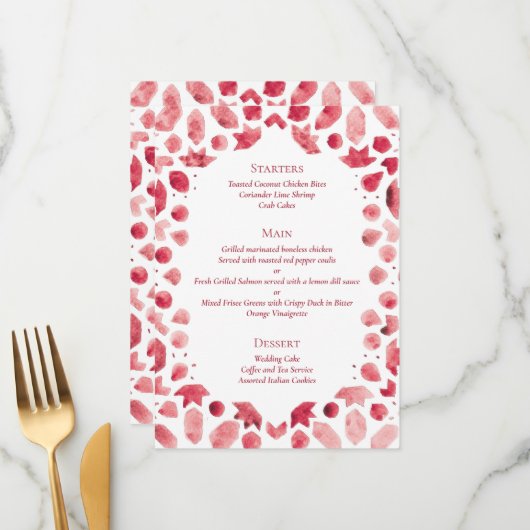 Menu Carreau de mariage géométrique rouge marocain (Devant/Arrière en situation)