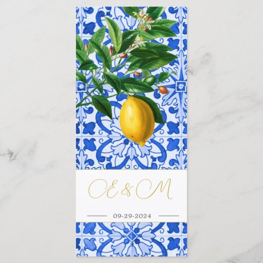 Menu Carreaux blancs bleus Citrons d'été Monogramme (Dos)