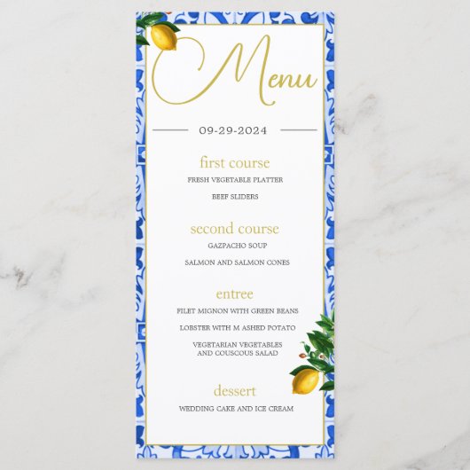 Menu Carreaux blancs bleus Citrons d'été Monogramme (Devant)