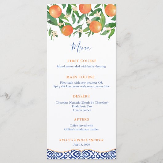 Menu Carrelage bleu classique Wedding shower Citrus Ora (Devant)