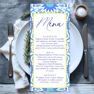 Menu Carrelage bleu italien Baby shower jaune minimal