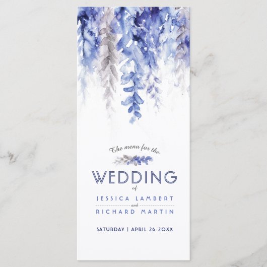 Menu cascade aquarelle bleu gris mariage d'hiver (Devant)