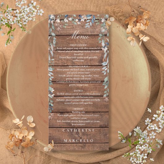 Menu Cascade Floral en Bois Rustique Monogramme Mariage