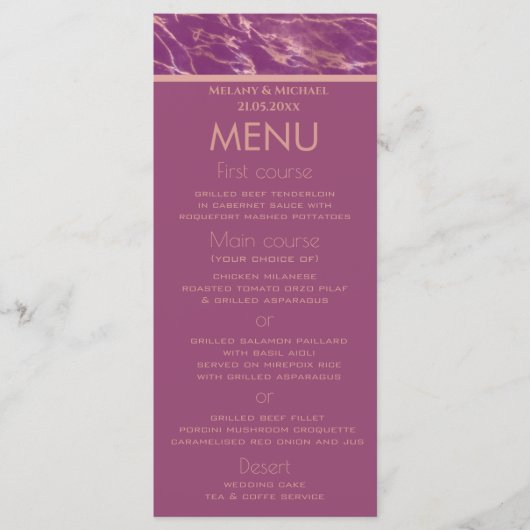 Menu Cassis rose marbre doré romantique design élégant. (Devant)