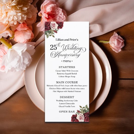Menu Célébration de mariage de 25 ans avec des fleurs é