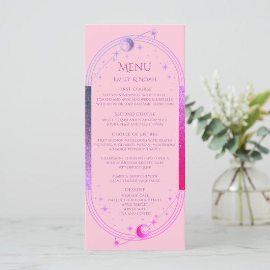 Menu Céleste rose violet soleil Lune étoiles Mariage (Debout devant)