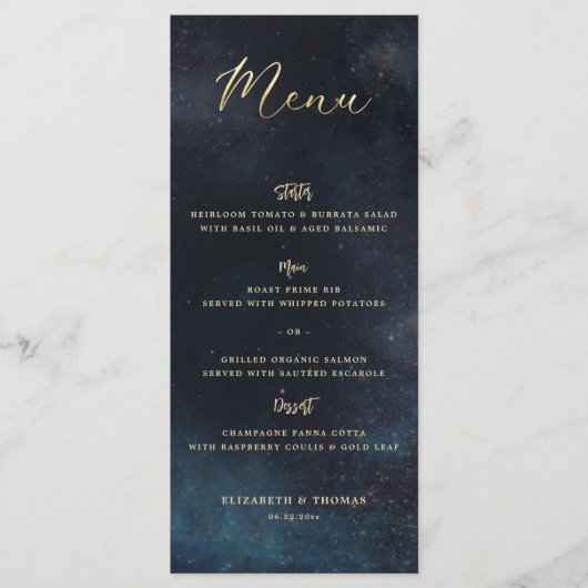 Menu Celestial Galaxy Starry Night Moody Blue Wedding (Devant)