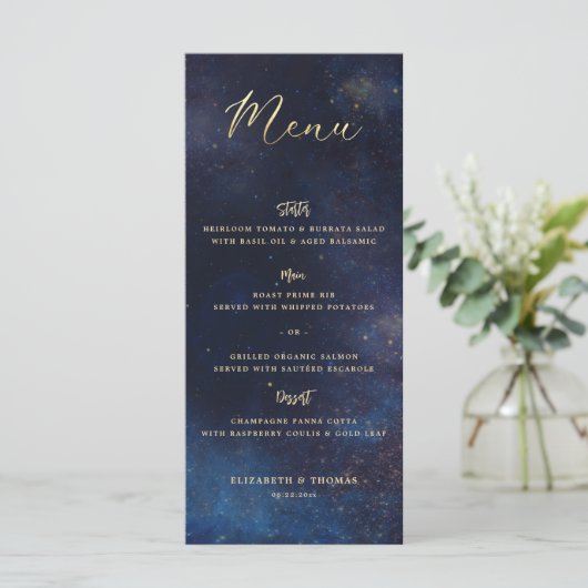 Menu Celestial Galaxy Starry Night Navy Blue Wedding (Debout devant)