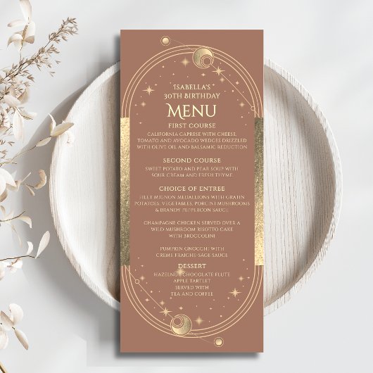 Menu Celestial Mocha Gold Sun Moon Stars 30e anniversai