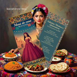 Menu Cena de Quinceañera Vintage con Vestido Rojo