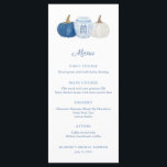 Menu Cérémonie de mariage avec des citrouilles en chino<br><div class="desc">Carte de menu Jarre à gingembre classique avec citrouilles bleues et blanches conçue pour correspondre à mes invitations et à ma papeterie de la même gamme. Les éléments aquarellés ont été peints à la main par moi avant d'être numérisés. Veuillez noter que vous pouvez changer la couleur de contraste au...</div>