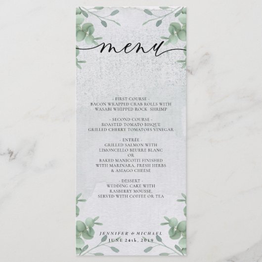 Menu Cérémonie de mariage simple moderne au eucalyptus (Devant)