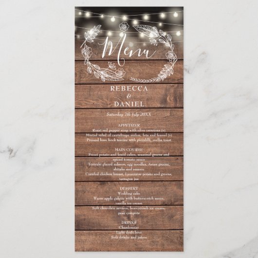 Menu Chaîne éclaire Floral Rustique Mariage bois (Devant)