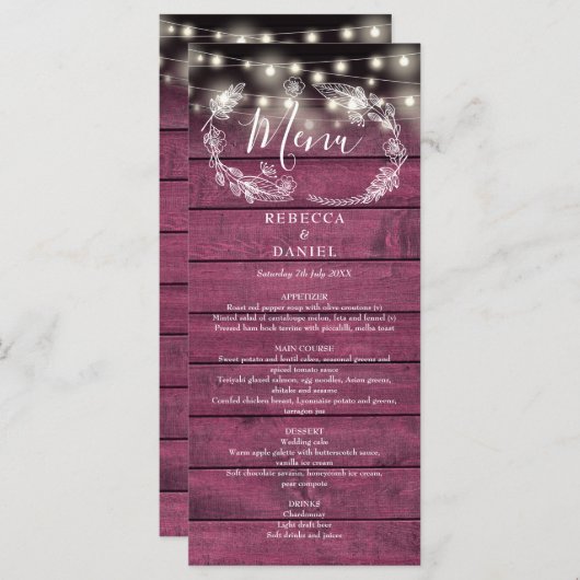 Menu Chaîne éclaire Floral Rustique Mariage en bois rou (Devant / Derrière)