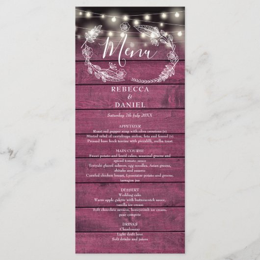 Menu Chaîne éclaire Floral Rustique Mariage en bois rou (Devant)