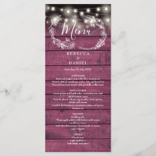 Menu Chaîne éclaire Floral Rustique Mariage en bois rou