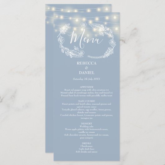 Menu Chaîne Lights Floral Dusty Mariage bleu (Devant / Derrière)
