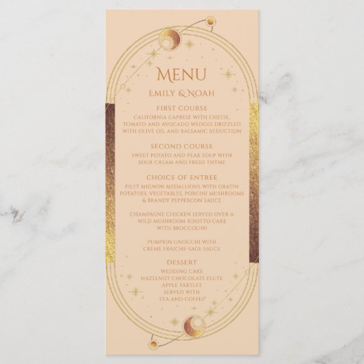 Menu Champagne céleste Gold Sun Moon Stars Mariage (Devant)