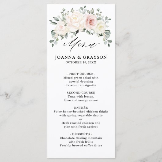 Menu Champagne Ivory Blush rose Floral Mariage (Devant)