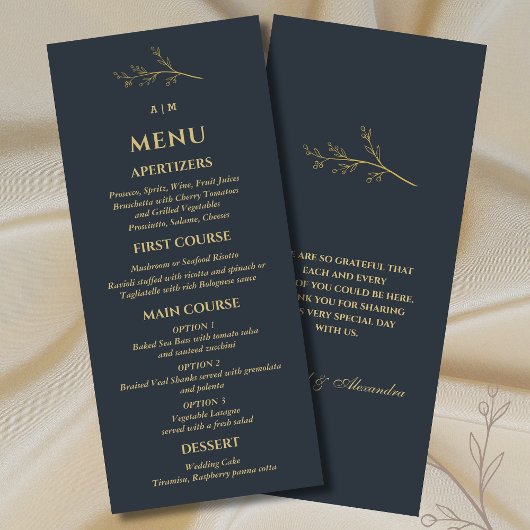 Menu Charcoal Monogram Botanical Minimalist Wedding