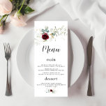 Menu Charm Airy Greenery Bourgogne Floral Gold Mariage<br><div class="desc">Design élégant avec des fleurs bordeaux aquarelles,  feuilles aérés,  eucalyptus,  feuilles faux or. Utilisez l'outil Personnaliser pour ajouter vos informations. On peut trouver des articles correspondants dans ma collection Floral Airy Greenery de Bourgogne.</div>