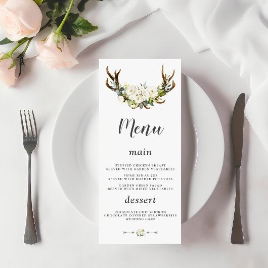 Menu Charme Blanc Fleurs crème Antlers Mariage
