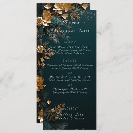 Menu Chasseur mariage Pine verte Cônes Pine Branches Or (Devant / Derrière)