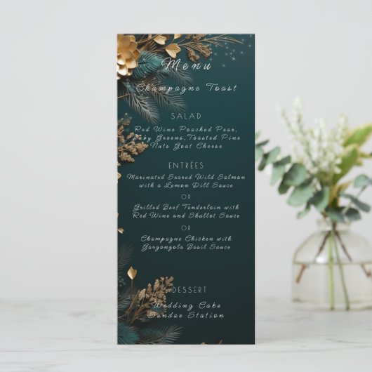 Menu Chasseur mariage Pine verte Cônes Pine Branches Or (Debout devant)