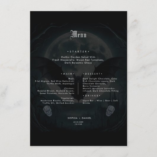 Menu Chauve-souris crâne simple Cuisine Mariage gothiqu (Devant)