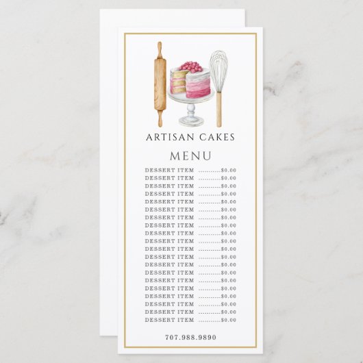 Menu Chef Pâtissier Ustensiles de Cuisine Aquarelle (Devant / Derrière)