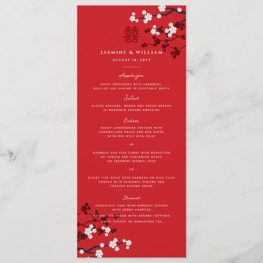 Menu Cherry Blossoms double bonheur Mariage chinois (Devant)
