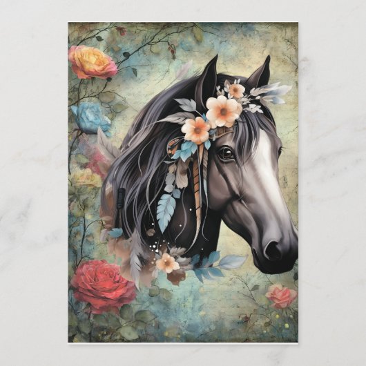 Menu Cheval brun dans les fleurs. (Devant)