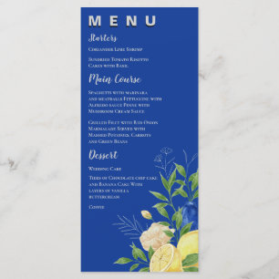 Menu Chic Blue Jaune Floral Lemon Summer Wedding Party