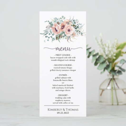 Menu Chic Blush Floral Mariage Dîner Menu (Debout devant)