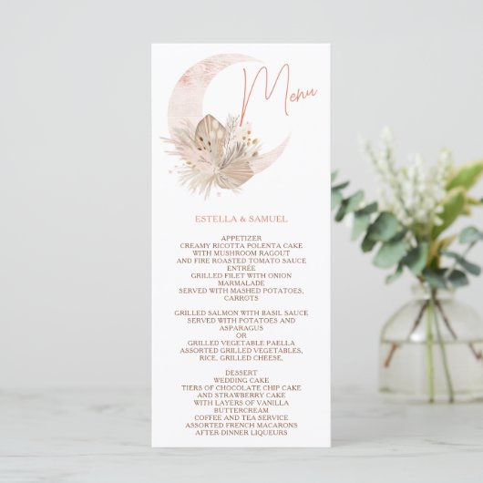 Menu Chic boho rustique pampas mariage lune fleurie (Debout devant)