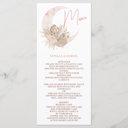 Menu Chic boho rustique pampas mariage lune fleurie (Devant)