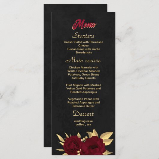 Menu Chic bordeaux et or noir mariage (Devant / Derrière)