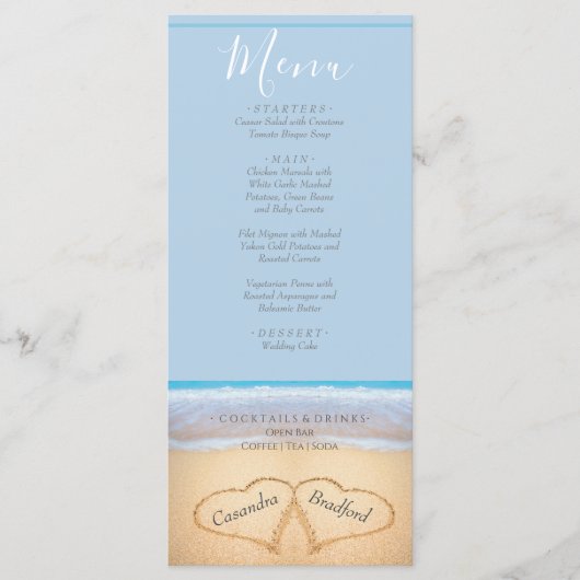 Menu Chic Dusty Blue 2 coeurs sur la plage Mariage (Devant)