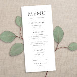 Menu Chic Elegant Minimaliste Type Mariage Réception<br><div class="desc">Ce menu classique mais moderne propose un arrière - plan blanc chic avec une élégante typographie noire. Un design parfait pour un mariage moderne et élégant ! Reportez-vous à la collection pour la coordination des éléments.</div>
