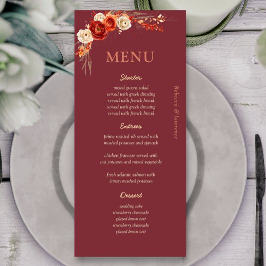 Menu Chic mariage à fleurs orange terre cuite d'automne