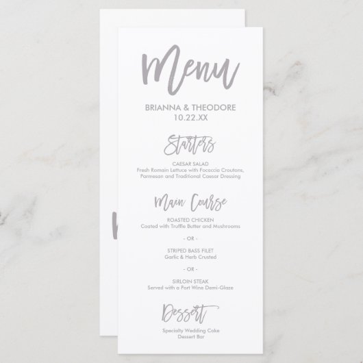 Menu Chic Mariage Argent Lettré à la main (Devant / Derrière)