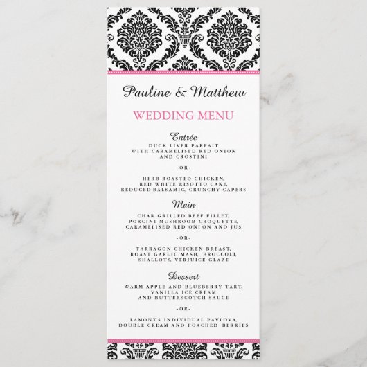 Menu chic Mariage damassé noir et blanc (Devant)