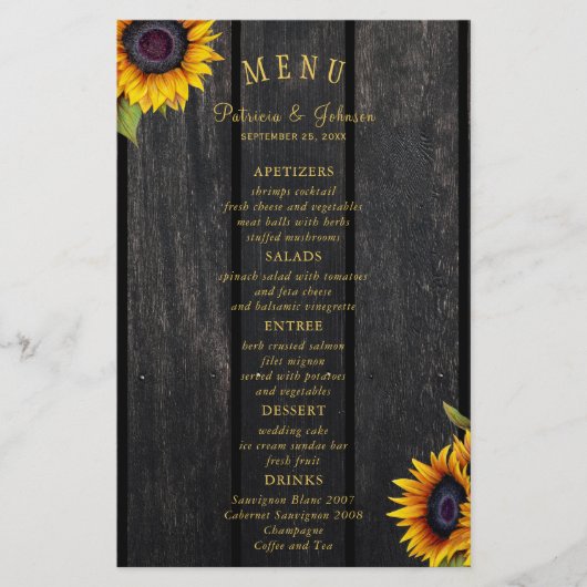 Menu chic mariage de tournesol rustique budget (Devant)