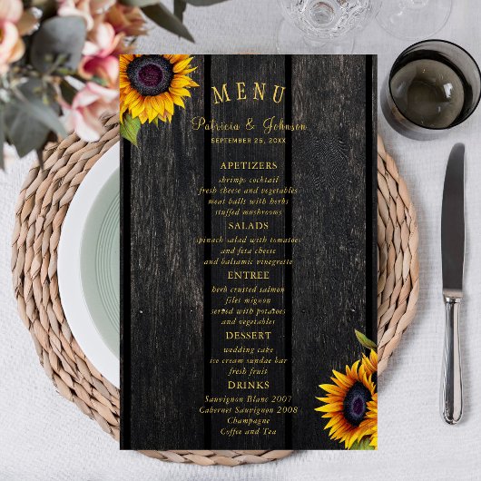 Menu chic mariage de tournesol rustique budget