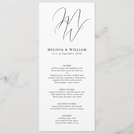 Menu Chic Monogramme Initiales Mariage noir blanc (Devant)
