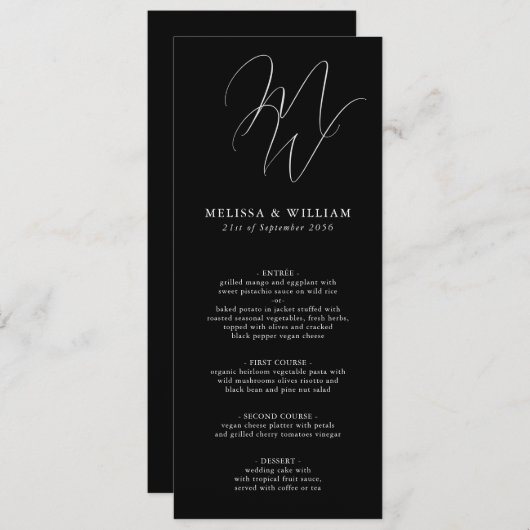 Menu Chic Monogramme Initiales Mariage noir blanc (Devant / Derrière)